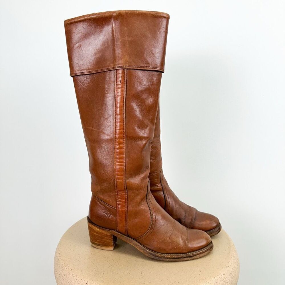 Frye Women’s Vintage 1970s Fold Cuff Knee Block Heel Cognac Leather Boot